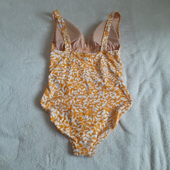 J. Crew Factory NWT Women's Large Orange Floral V-neck Ruched One Piece Swimsuit - Picture 10 of 15